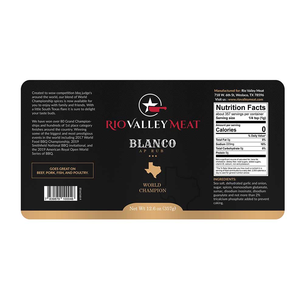 The product label for Rio Valley Meat Blanco AP Rub. The label is black with red and white text, including the product name, 'World Champion' title, and a Texas state silhouette. The label also includes nutritional facts and ingredient information.