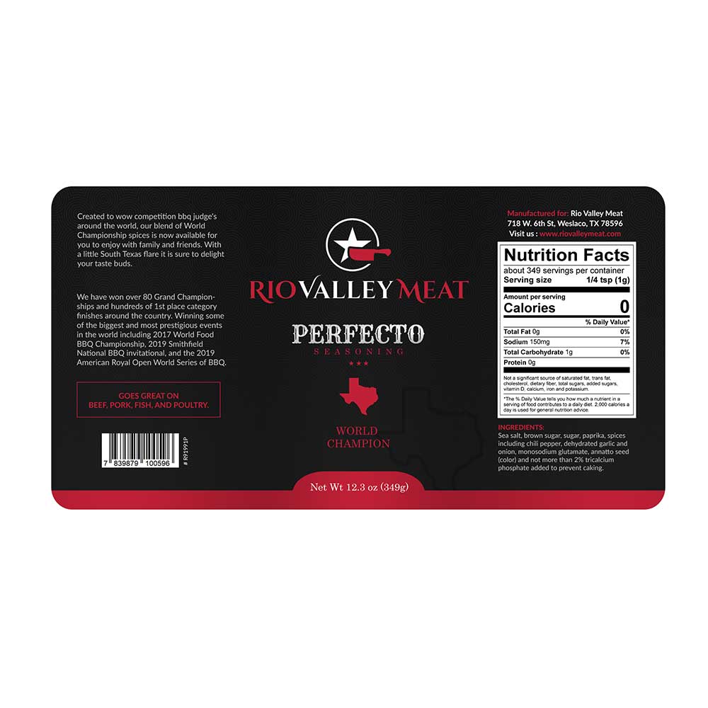 Label of Rio Valley Meat Perfecto Seasoning. The label is black with red and white text. It includes a white star and red chili pepper logo at the top, followed by the brand name 'Rio Valley Meat.' Below it, 'Perfecto Seasoning' and 'World Champion' are written. The label highlights the seasoning's use for beef, pork, fish, and poultry. Nutritional facts and ingredients are listed on the right side.