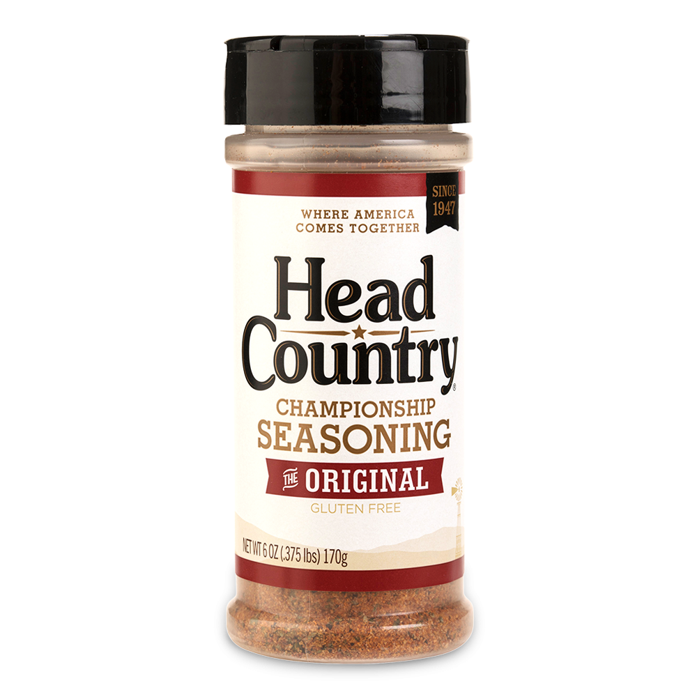 A 6 oz bottle of Head Country Championship Seasoning displayed against a white background. The label highlights "The Original" flavor, is gluten-free, and mentions the brand's establishment since 1947