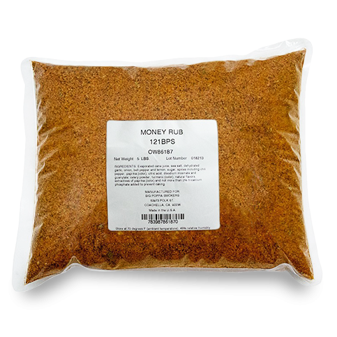 A clear plastic bag filled with a brown and orange barbecue spice mix, labeled 'Money Rub' with a barcode and ingredients list visible.