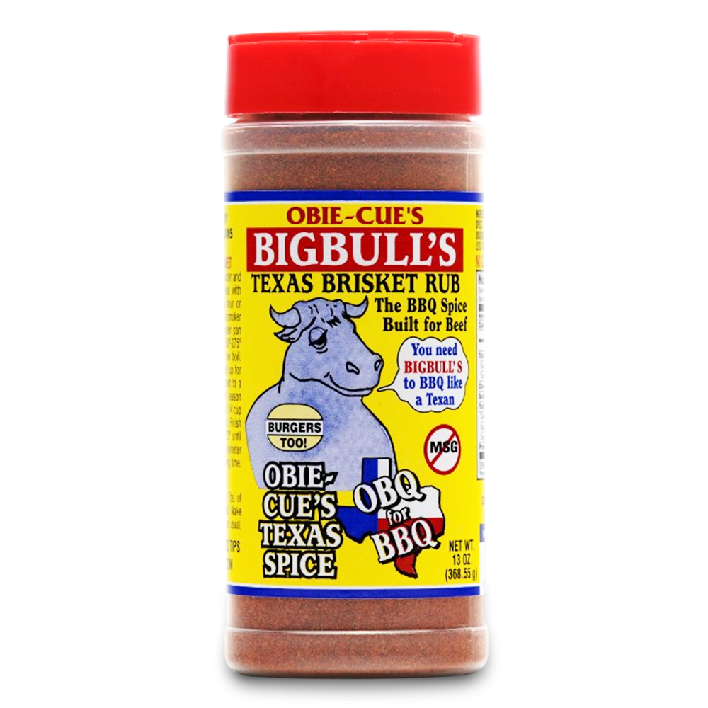Front view of Obie-Cue's Big Bull's Texas Brisket Rub bottle. The label features a cartoon bull and highlights the product as a Texas BBQ spice specifically for beef, with additional notes on its suitability for burgers and absence of MSG.