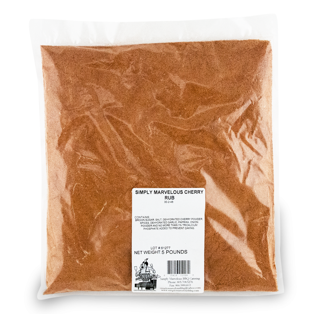 A 5-pound plastic bag of Simply Marvelous Cherry Rub. The bag contains a reddish-brown seasoning and has a white label. The label reads 'Simply Marvelous Cherry Rub' and lists ingredients including brown sugar, salt, dehydrated cherry powder, and spices. The bottom of the label includes the net weight of 5 pounds, a barcode, and contact information for Simply Marvelous BBQ Catering.