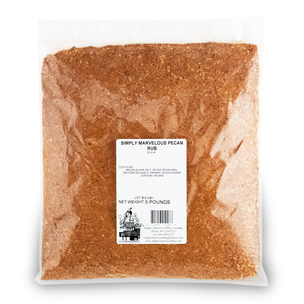 A clear plastic bag containing 5 pounds of Simply Marvelous Pecan Rub. The label on the bag lists ingredients including brown sugar, salt, spices, pecan meal, dehydrated garlic, paprika, and onion powder. The label also includes a graphic of a chef holding a grill and contact information for Simply Marvelous BBQ & Catering.