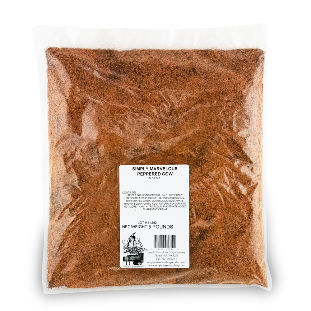 A clear plastic bag containing 5 pounds of Simply Marvelous Peppered Cow Rub.