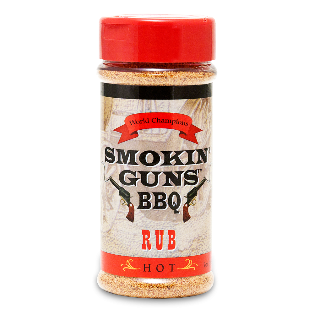 The front of a small container of Smokin' Guns BBQ Hot Rub with a red cap. The label features the brand name with two pistols and the words "World Champions" in a red ribbon above "Smokin' Guns BBQ Rub" and "Hot" at the bottom.