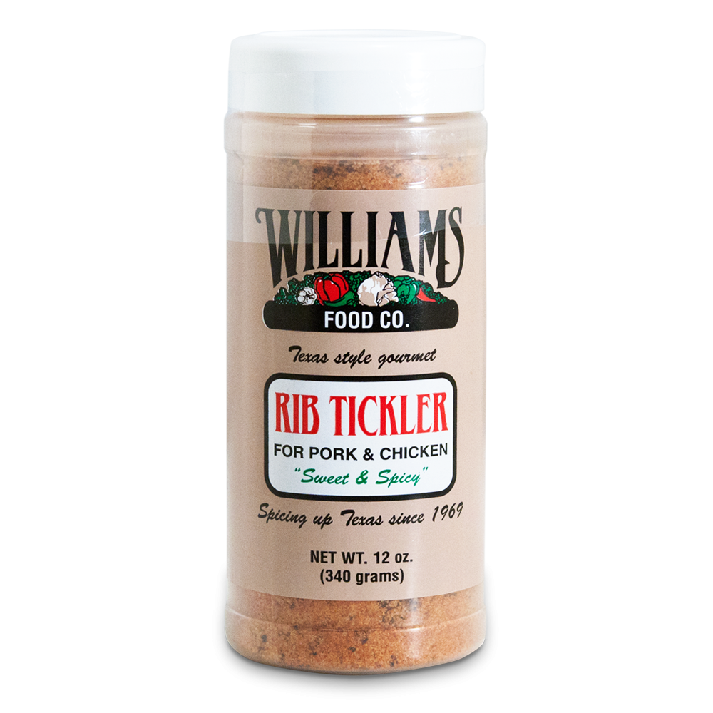 A 12-ounce plastic bottle of Williams Food Co. Rib Tickler seasoning. The label is beige with the brand's logo at the top, featuring vegetables. The text reads 'Texas style gourmet Rib Tickler for Pork & Chicken, Sweet & Spicy.' The label also states 'Spicing up Texas since 1969' and provides the weight in ounces and grams.