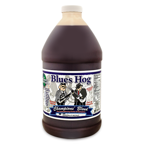 Half gallon jug of Blues Hog Champion's Blend BBQ sauce.