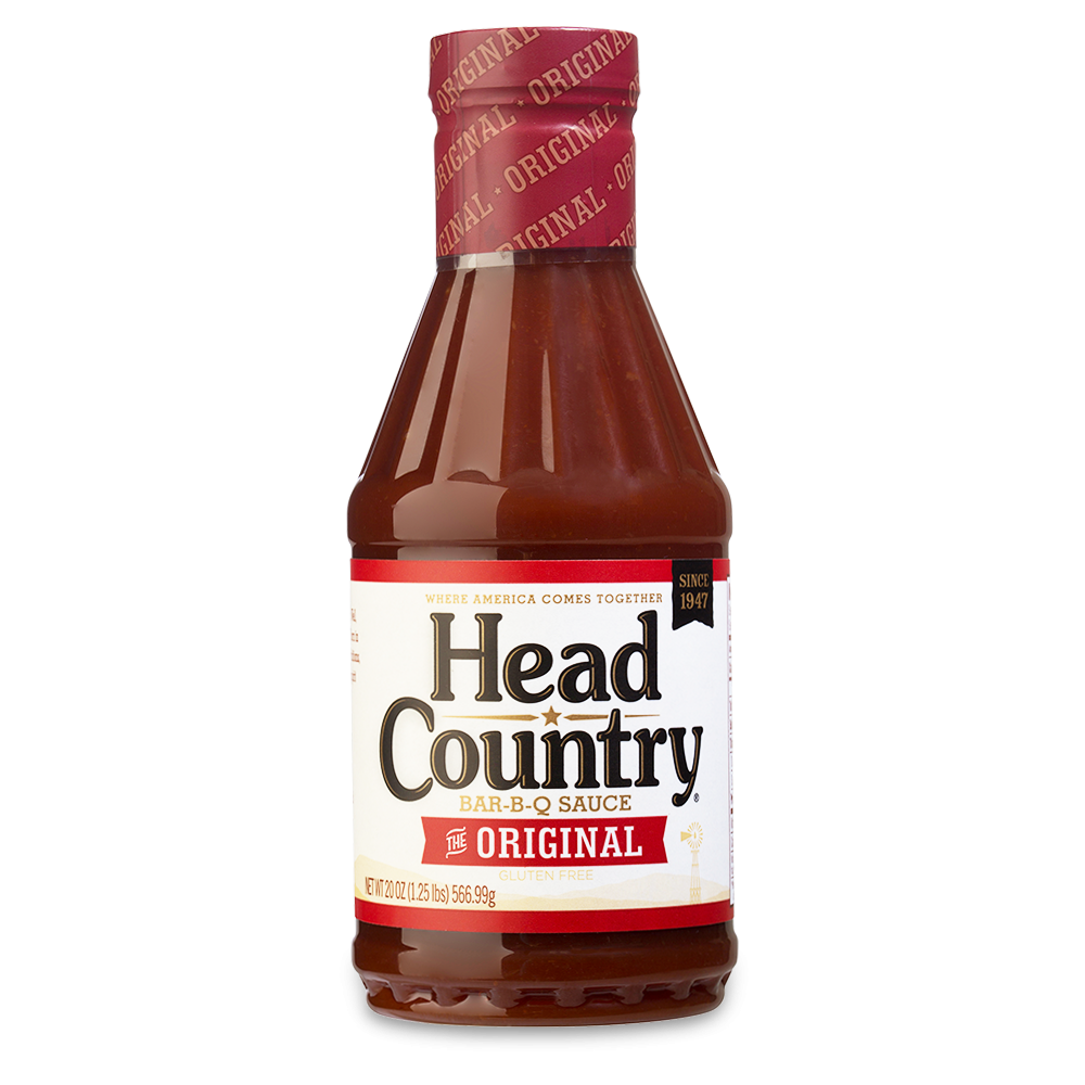 Bottle of The Original Head Country BBQ Sauce, showcasing its status as Oklahoma's #1 BBQ sauce. Perfect for a variety of dishes with no preservatives, MSG, or gluten, making it a healthy choice for enhancing flavor in any meal.