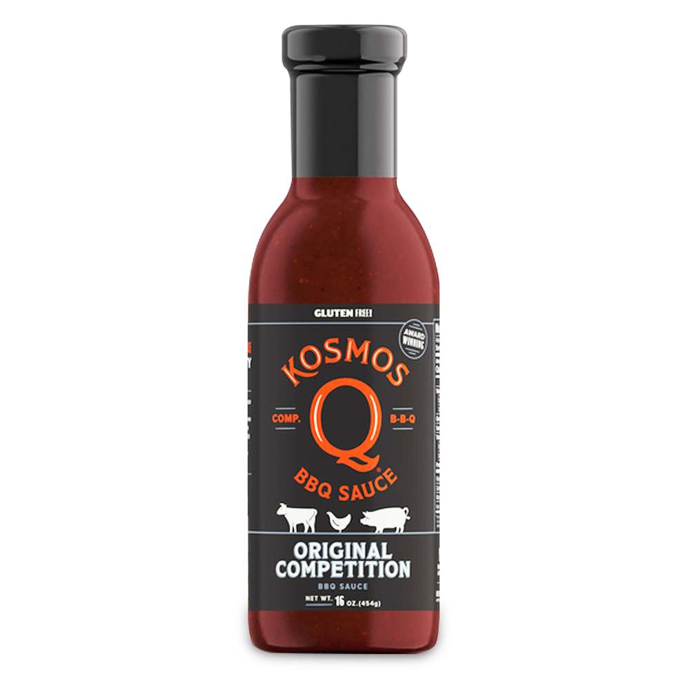 Glass 16oz bottle of Kosmo's Original Competition BBQ Sauce.