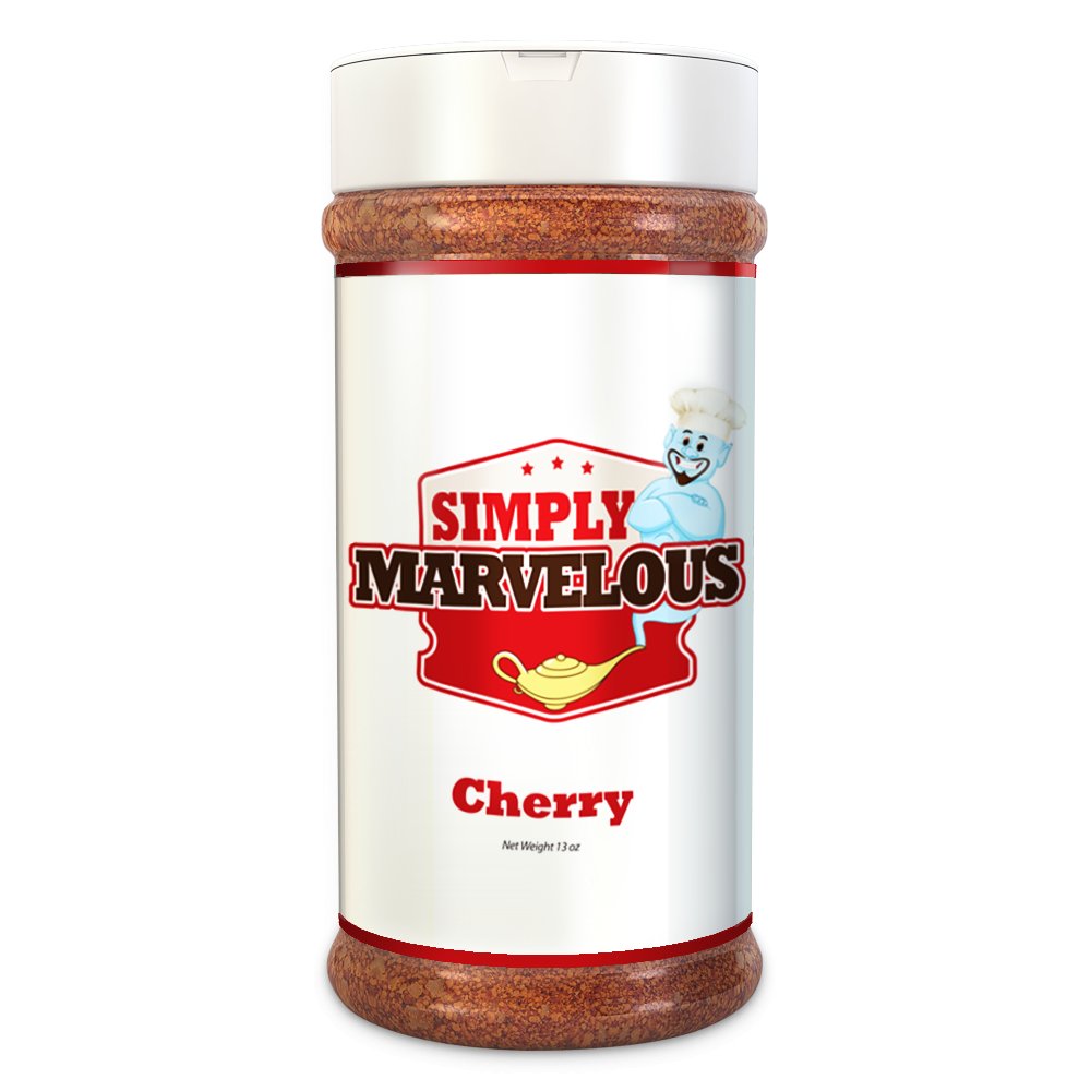 A bottle of Simply Marvelous Cherry seasoning with a white cap, red label, and an illustration of a genie lamp and a smiling chef.