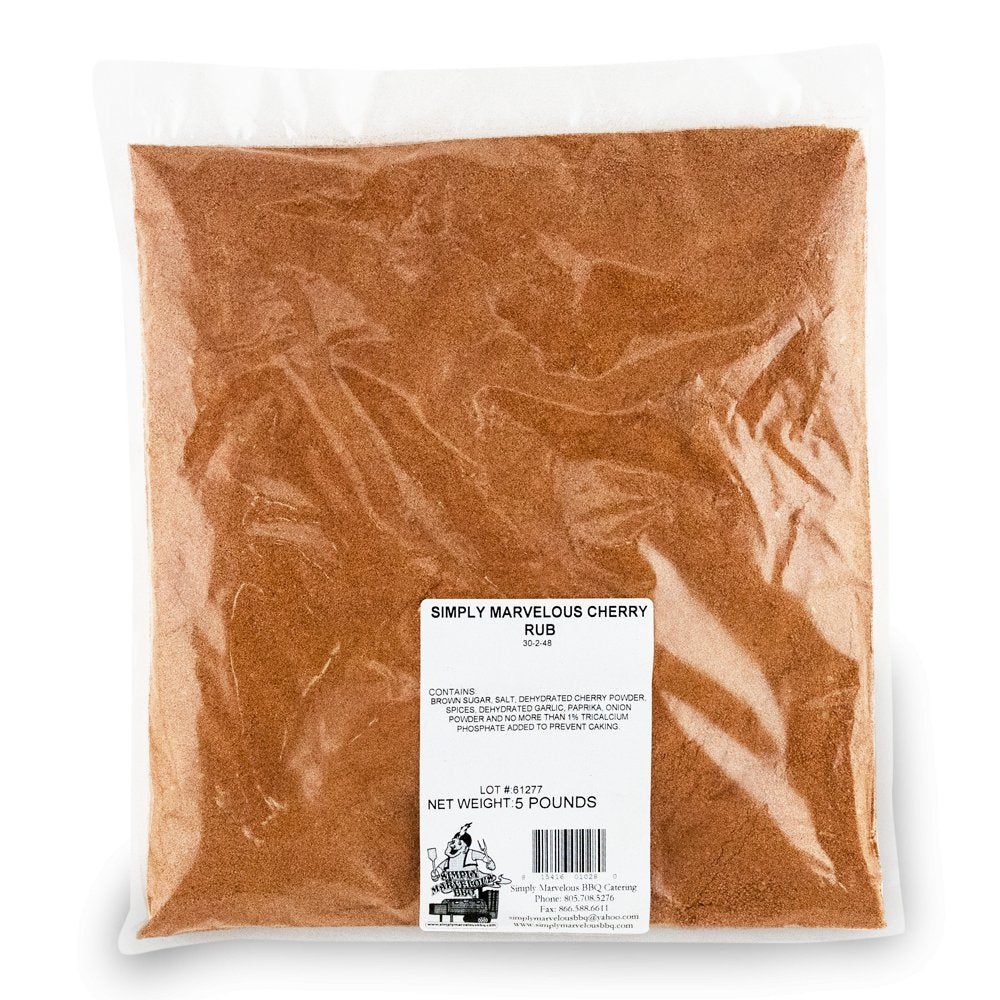 A 5-pound plastic bag of Simply Marvelous Cherry Rub. The bag contains a reddish-brown seasoning and has a white label. The label reads 'Simply Marvelous Cherry Rub' and lists ingredients including brown sugar, salt, dehydrated cherry powder, and spices. The bottom of the label includes the net weight of 5 pounds, a barcode, and contact information for Simply Marvelous BBQ Catering.