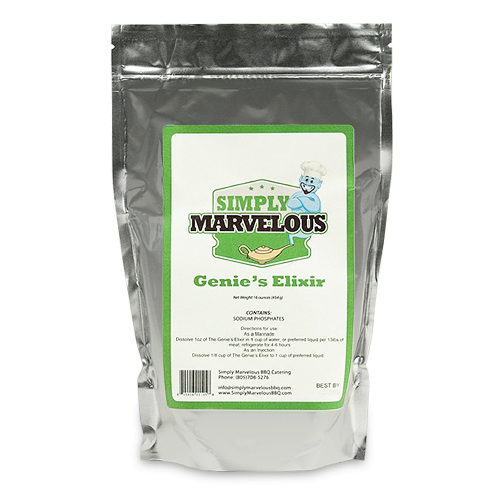 A metallic silver bag of Simply Marvelous Genie's Elixir. The label features a green background with a cartoon genie wearing a chef's hat and holding a magic lamp. The label states the product name, "Simply Marvelous Genie's Elixir," and lists sodium phosphates as the main ingredient. It includes instructions for use, contact information for Simply Marvelous BBQ Catering, and a barcode.