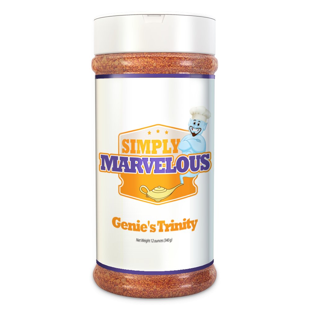 A bottle of Simply Marvelous BBQ Genie's Trinity rub with a label that includes a genie wearing a chef's hat, the text "Simply Marvelous," and an illustration of a genie lamp.