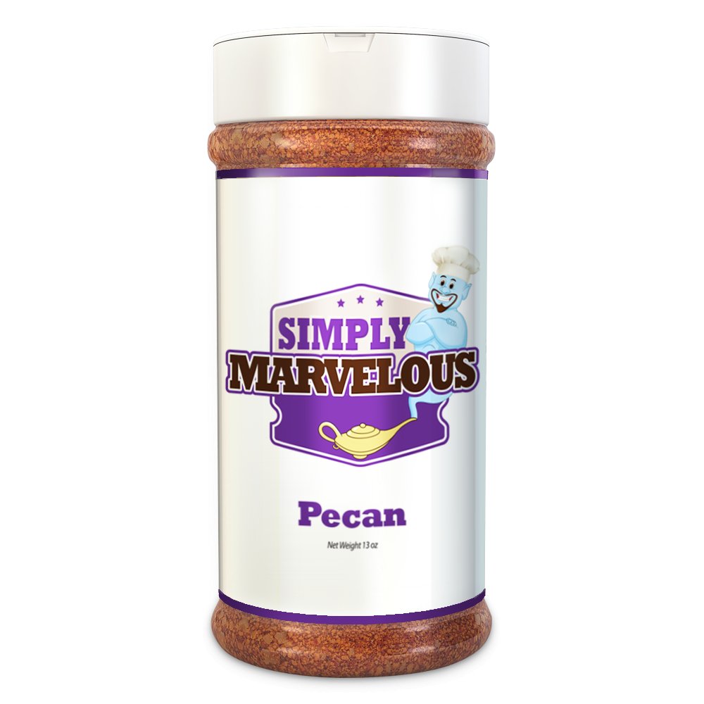 A bottle of Simply Marvelous BBQ Pecan rub with a label that includes a genie wearing a chef's hat, the text "Simply Marvelous" in purple, and an image of a yellow genie lamp. The word "Pecan" is written below.