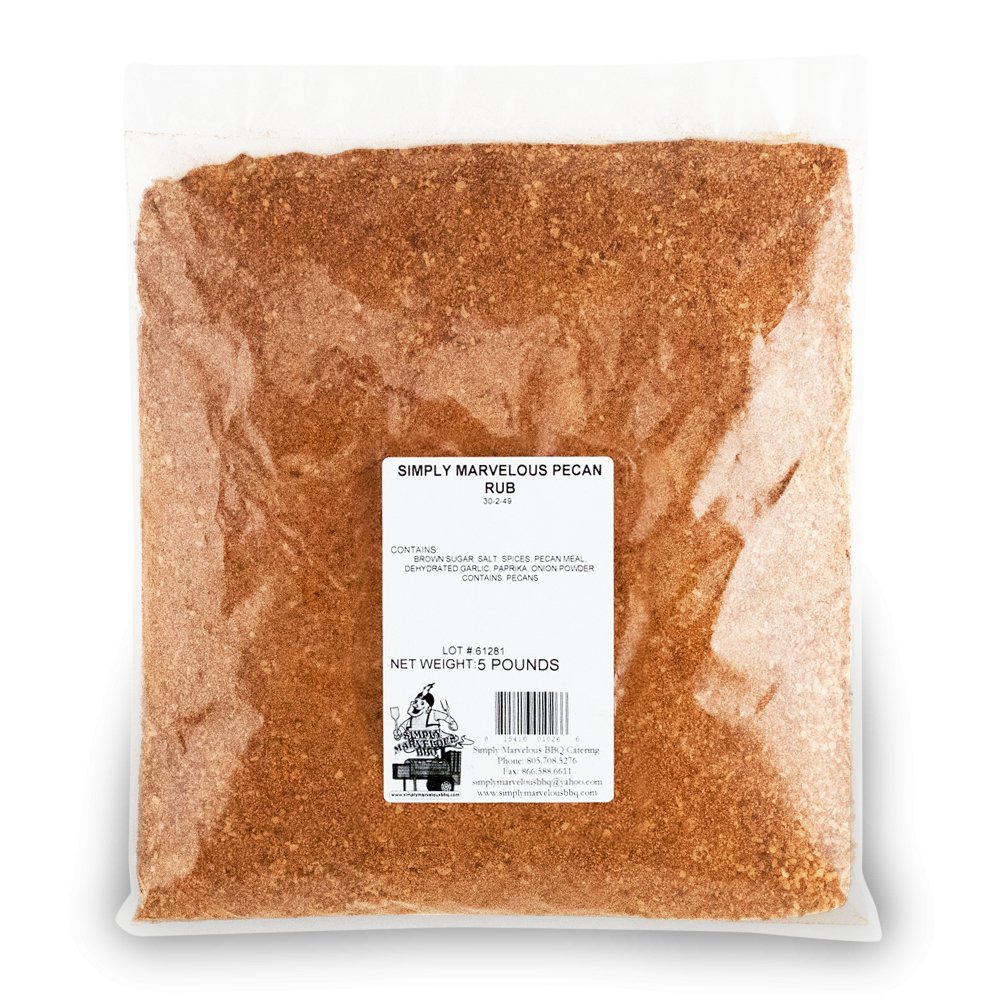 A clear plastic bag containing 5 pounds of Simply Marvelous Pecan Rub. The label on the bag lists ingredients including brown sugar, salt, spices, pecan meal, dehydrated garlic, paprika, and onion powder. The label also includes a graphic of a chef holding a grill and contact information for Simply Marvelous BBQ & Catering.