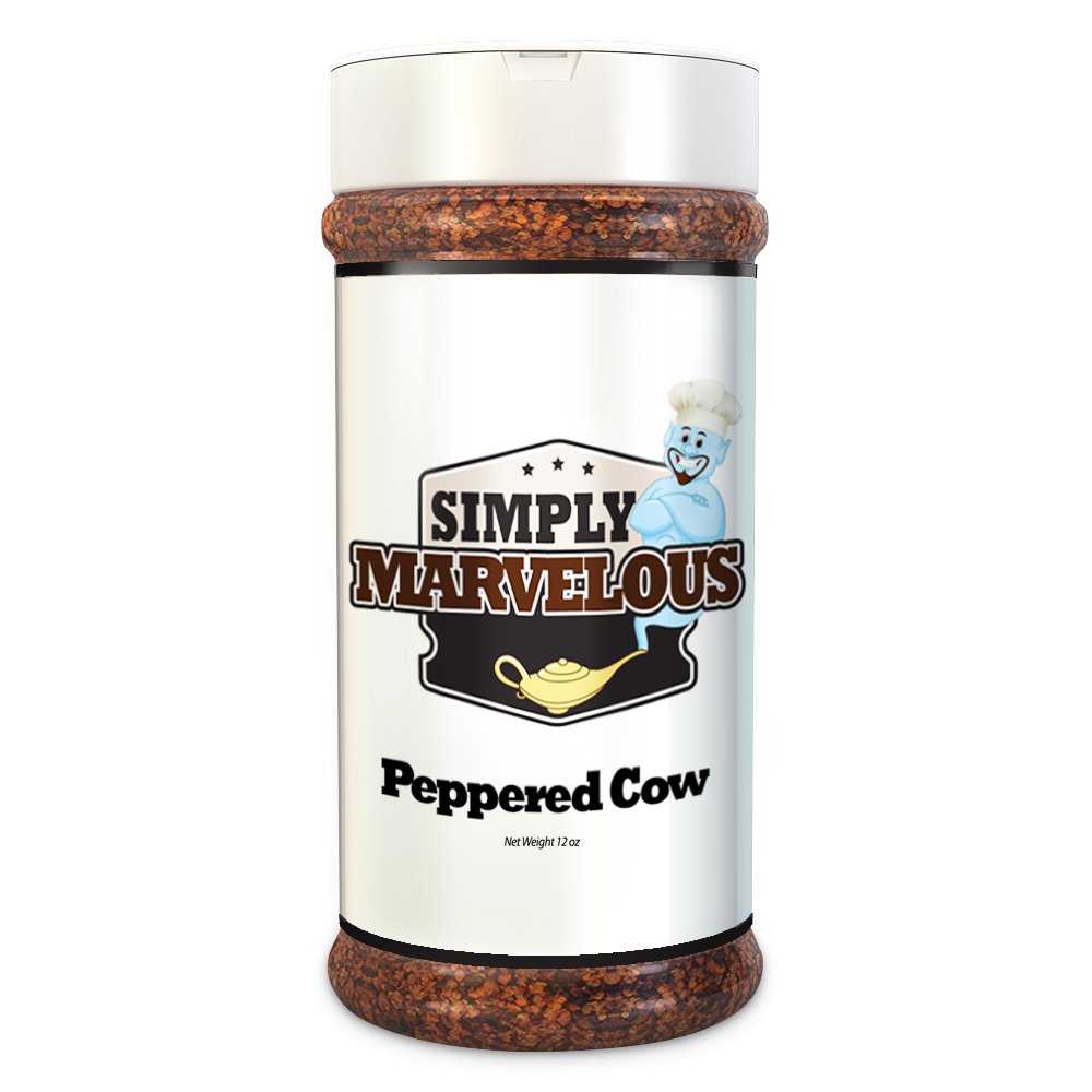 A bottle of Simply Marvelous Peppered Cow seasoning, 12 ounces. The label has a blue genie character with a chef's hat, the product name, and a gold lamp illustration.