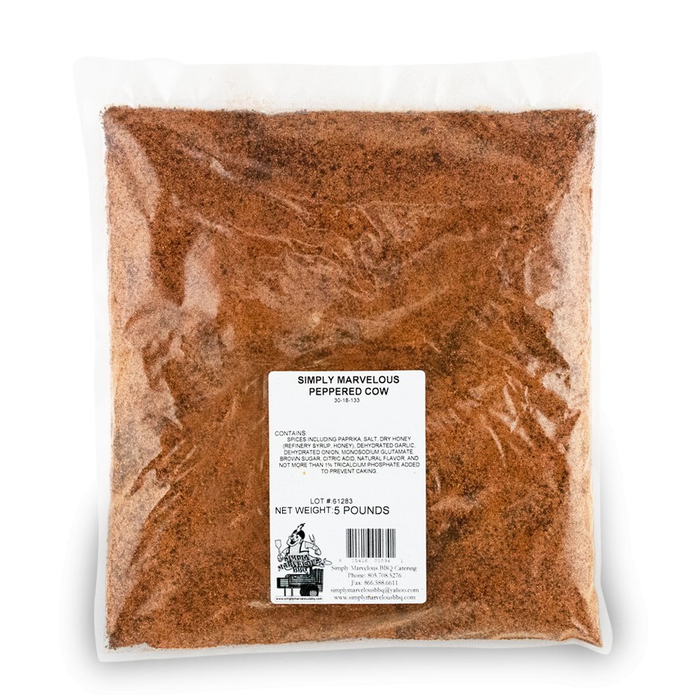 A clear plastic bag containing 5 pounds of Simply Marvelous Peppered Cow Rub.