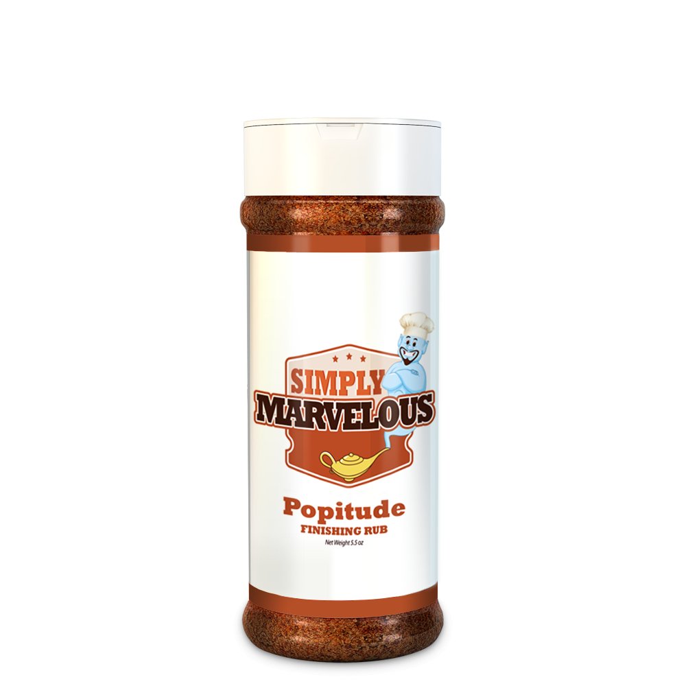 A clear plastic jar labeled 'Simply Marvelous Popitude Finishing Rub,' filled with a reddish-brown seasoning. The label features a smiling blue chef mascot and a golden genie lamp icon. The net weight is 5.5 ounces.