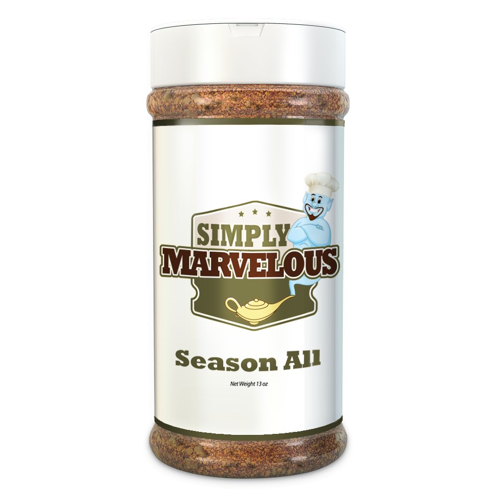 A bottle of Simply Marvelous Season All seasoning, 13 ounces. The label has a blue genie character with a chef's hat, the product name, and a gold lamp illustration.