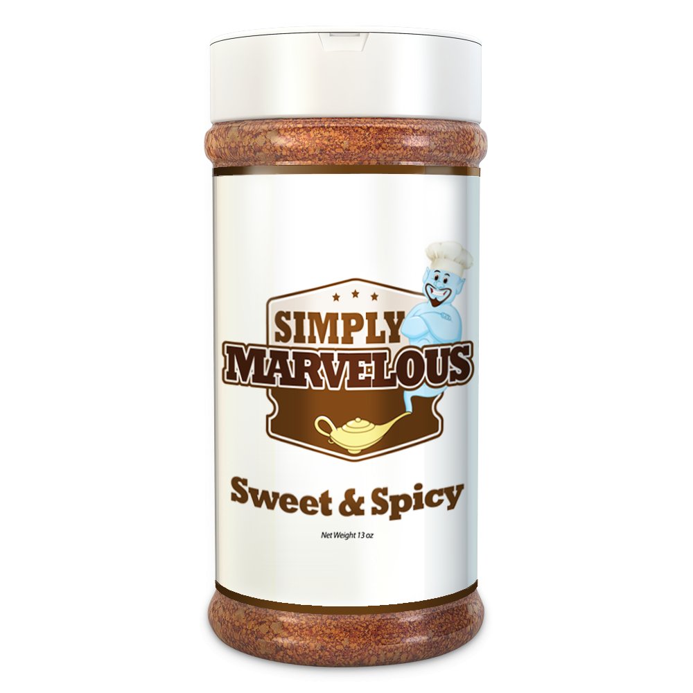 A clear plastic jar labeled 'Simply Marvelous Sweet & Spicy,' filled with a reddish-brown seasoning. The label features a smiling blue chef mascot and a golden genie lamp icon. The net weight is 13 ounces.