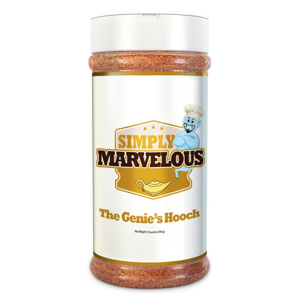 A white plastic jar of Simply Marvelous The Genie's Hooch Rub with a white lid. The label features a gold background with a cartoon genie wearing a chef's hat and holding a magic lamp.