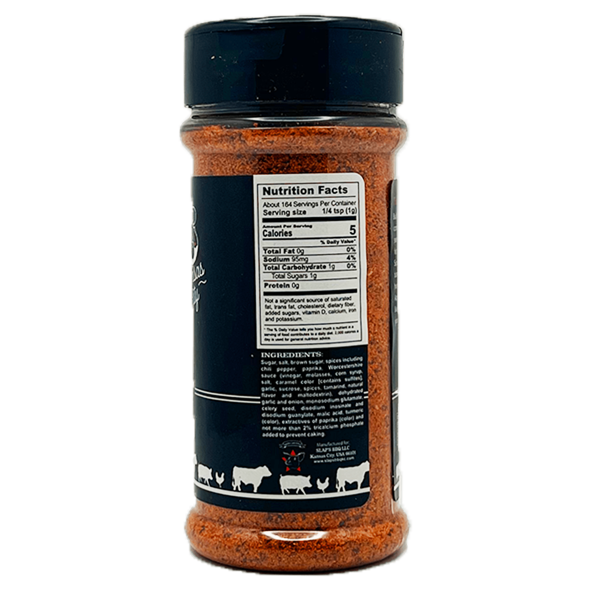 The back view of a bottle of Slap's BBQ seasoning. It shows the nutritional facts and ingredients list. The label indicates there are about 164 servings per container, with each serving size being 1/4 teaspoon (1 gram). The bottom of the label features illustrations of various animals.