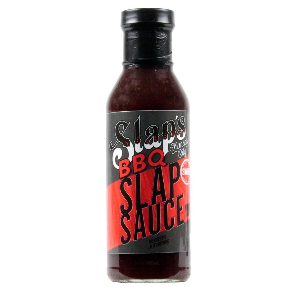 Front view of Slap’s Kansas City BBQ Slap Sauce bottle with bold black and red label reading “Slap Sauce.”