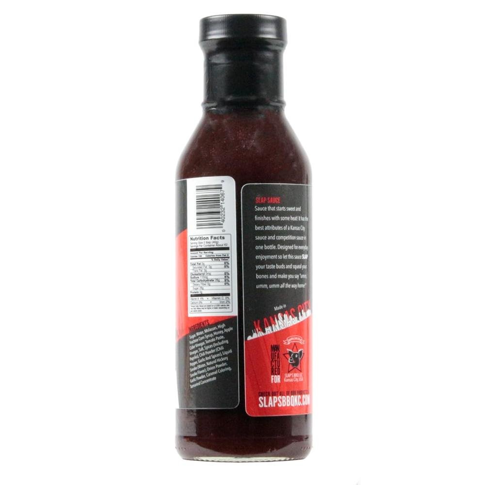 Back of Slap’s BBQ sauce bottle showing ingredients, nutrition facts, and product description.
