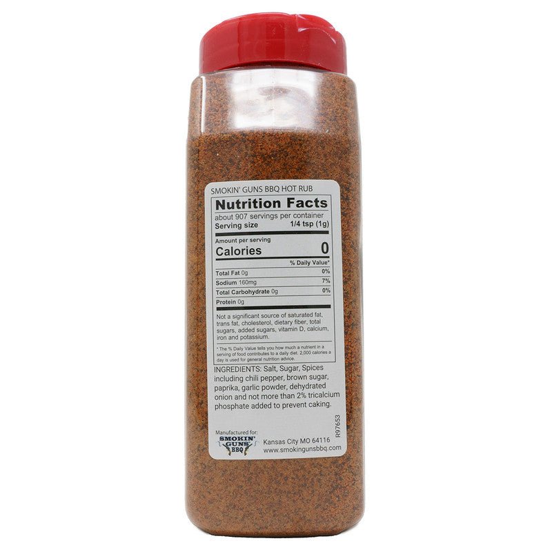 The back of a container of Smokin' Guns BBQ Hot Rub with a red cap. The label displays nutrition facts and ingredients, including salt, sugar, spices, chili pepper, brown sugar, paprika, garlic powder, and dehydrated onion.