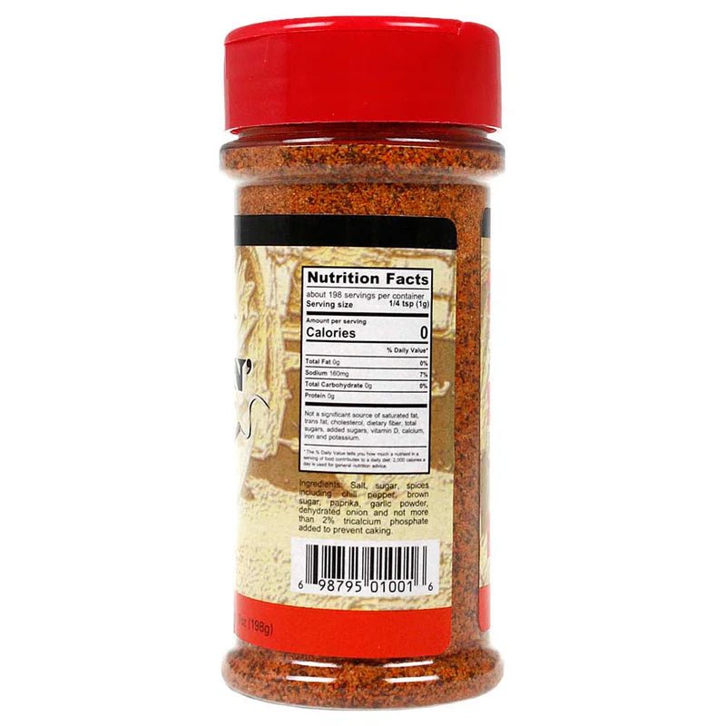 The back of a smaller container of Smokin' Guns BBQ Hot Rub with a red cap. The label shows nutrition facts and ingredients, which include salt, sugar, spices, paprika, garlic powder, brown sugar, and dehydrated onion.