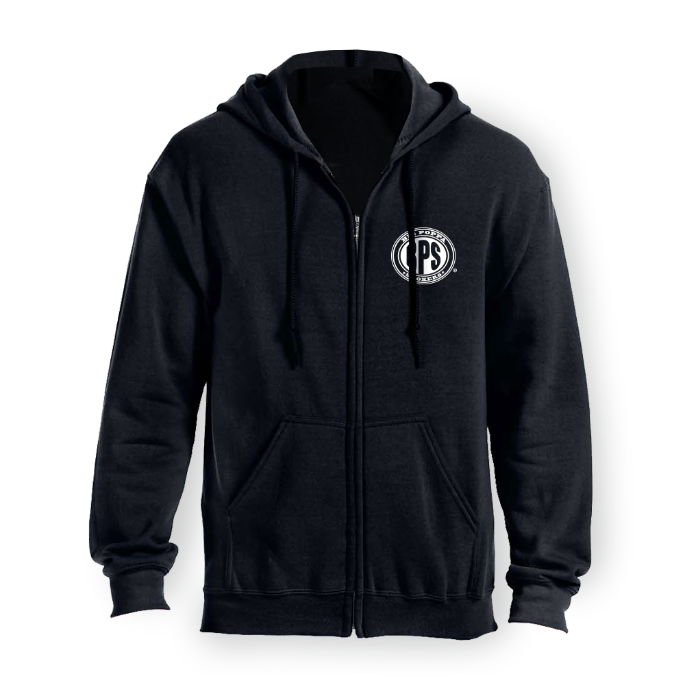 Black zip-up hoodie featuring a white and grey circular Big Poppa Smokers logo on the left chest area. The hoodie has a full-length zipper, a drawstring hood, and two front pockets, designed for casual wear.