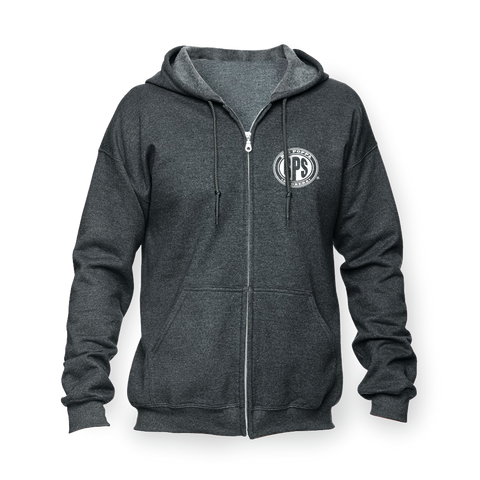 Front view of a dark heather gray zip-up hoodie featuring a small white circular logo of 'Big Poppa Smokers' on the left chest. The hoodie has a zipper closure, drawstrings for the hood, and split kangaroo pockets.