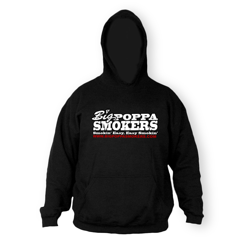 A black hoodie with a large white logo of 'Big Poppa Smokers' across the chest. The logo includes the text 'Smokin' Easy, Easy Smokin'' and the website URL 'www.bigpoppasmokers.com' below it. The hoodie features a front pouch pocket and an adjustable drawstring hood.