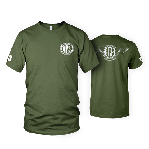 Two views of an olive green t-shirt, shown front and back. The front features a small circular logo with 'BPS' in bold surrounded by 'Big Poppa Smokers' text on the chest. The back of the shirt displays a larger version of the logo with stylized wings extending from the circle, and the number '13' printed on the right sleeve