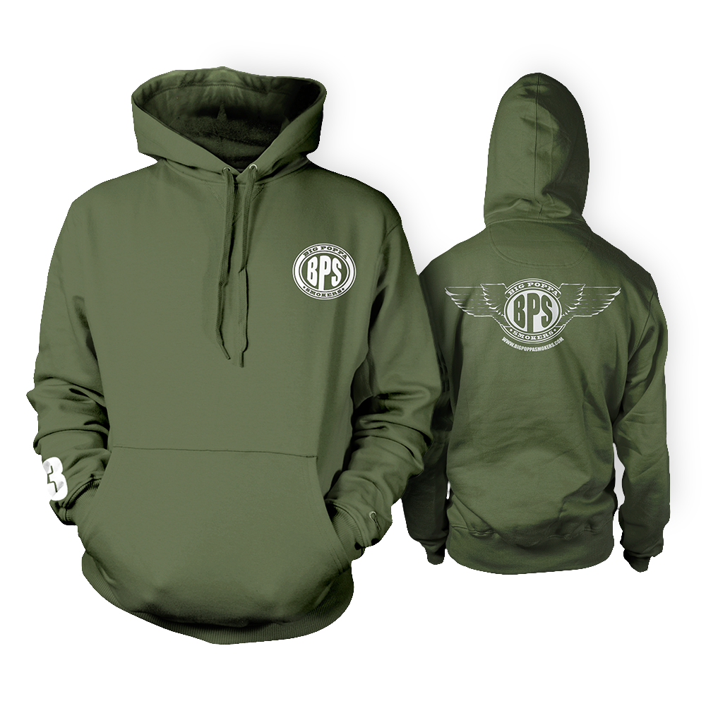 An olive green hoodie displayed in both front and back views. The front features a circular white logo with 'BPS' in the center on the chest, and the number '13' on the left sleeve. The back of the hoodie showcases a larger white logo with stylized wings extending from a circle around 'BPS'. The hoodie includes a front pouch pocket and adjustable drawstrings.
