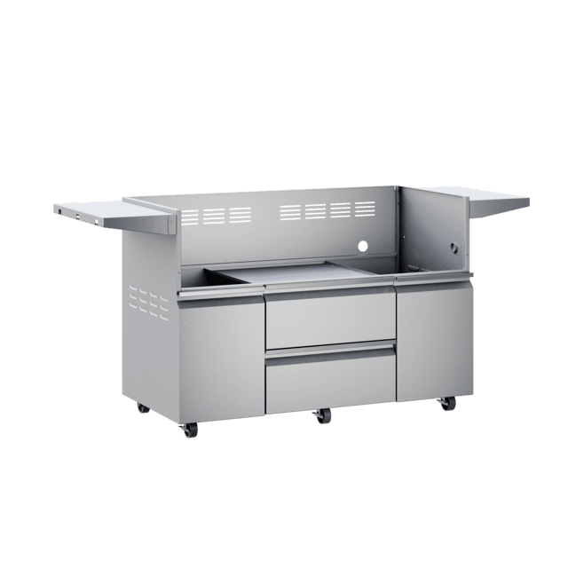Angled front view of a 54-inch Twin Eagles grill base with side shelves extended. The stainless steel base includes two central storage drawers and two side doors, providing ample storage space. The interior is open, intended for accommodating a grill or smoker.