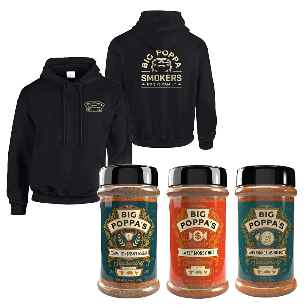 Black hoodies and Big Poppa's seasoning jars on a white background