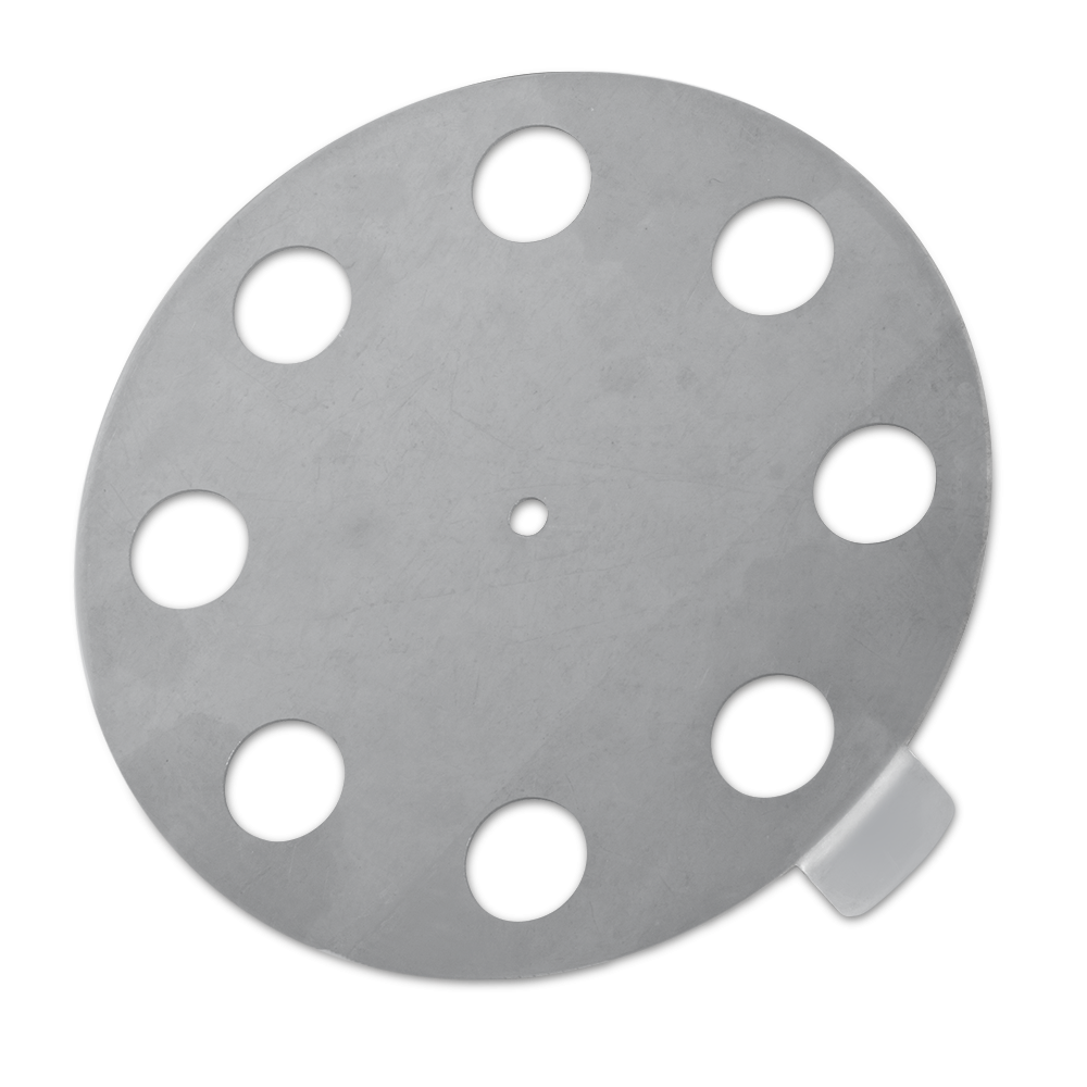 A circular top vent made of stainless steel with a flat surface featuring multiple round holes for airflow regulation. The vent includes a tab on the side for easy adjustment, highlighted against a dark background to accentuate its metallic sheen and precision cutouts.