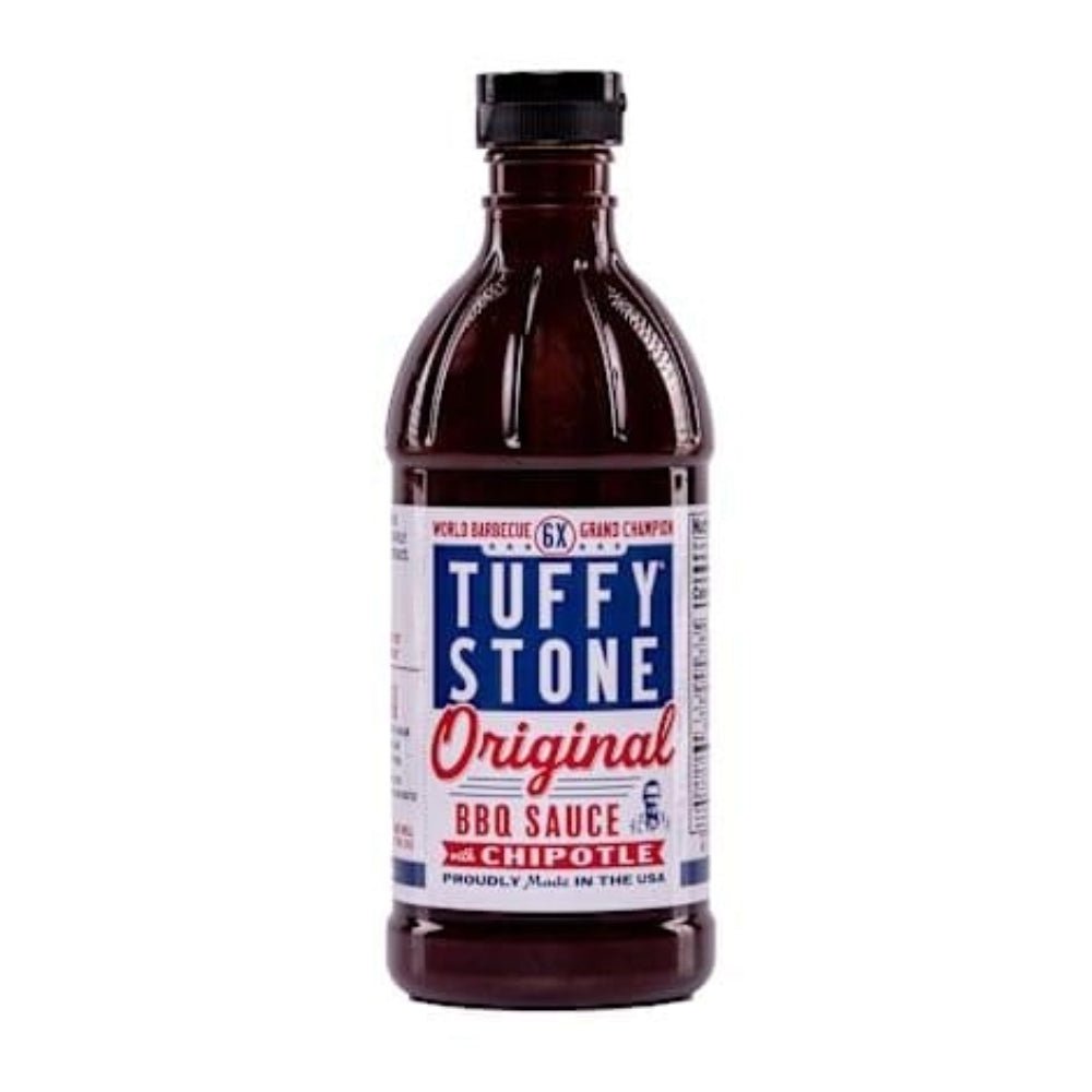 Bottle of Tuffy Stone Original BBQ Sauce with Chipotle flavor on a white background