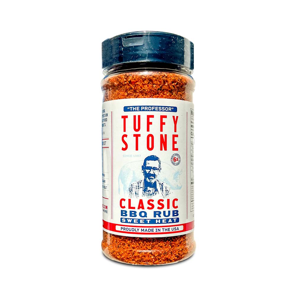 A clear plastic jar of Tuffy Stone Classic BBQ Rub Sweet Heat seasoning with a black lid, featuring the brand logo and a picture of Tuffy Stone on the label.