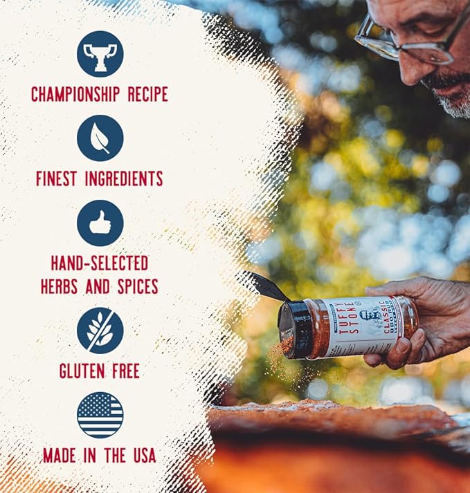 Promotional image highlighting features of Tuffy Stone Classic BBQ Rub Sweet Heat seasoning, including a championship recipe, finest ingredients, hand-selected herbs and spices, gluten-free, and made in the USA. A person is seen sprinkling the seasoning over meat in the background.