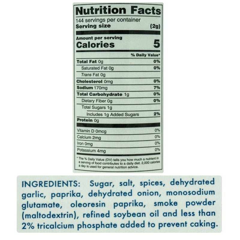 Nutrition facts label for Tuffy Stone Classic BBQ Rub Sweet Heat seasoning, indicating 5 calories per 2-gram serving, and listing the ingredients: sugar, salt, spices, dehydrated garlic, paprika, dehydrated onion, monosodium glutamate, oleoresin paprika, smoke powder (maltodextrin), refined soybean oil, and less than 2% tricalcium phosphate added to prevent caking.