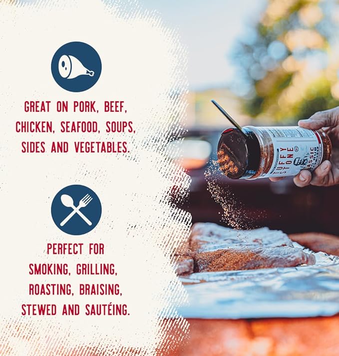 Promotional image listing the uses for Tuffy Stone Classic BBQ Rub Sweet Heat seasoning, which is great on pork, beef, chicken, seafood, soups, sides, and vegetables. It is perfect for smoking, grilling, roasting, braising, stewing, and sautéing. A person is sprinkling the seasoning over a piece of meat in the background.