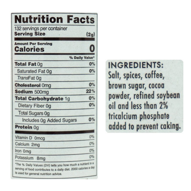 Nutrition facts label for Tuffy Stone Daily Grind Coffee Rub, indicating 0 calories per 2-gram serving. Ingredients listed include salt, spices, coffee, brown sugar, cocoa powder, refined soybean oil, and less than 2% tricalcium phosphate added to prevent caking.