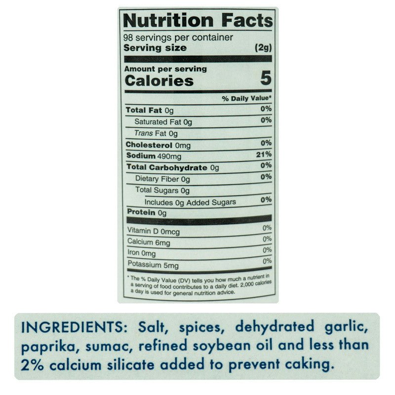 Nutrition facts label for Tuffy Stone Everything Seasoning, indicating 5 calories per 2-gram serving. Ingredients listed include salt, spices, dehydrated garlic, paprika, sumac, refined soybean oil, and less than 2% calcium silicate added to prevent caking.