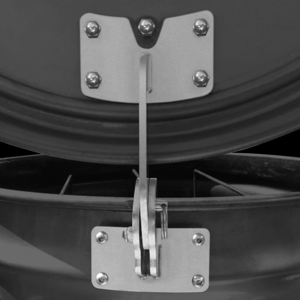 Close-up of Unknown BBQ Drum Smoker Lid Hinge on a 55-gallon drum smoker, showcasing its sturdy stainless steel construction and precise installation.