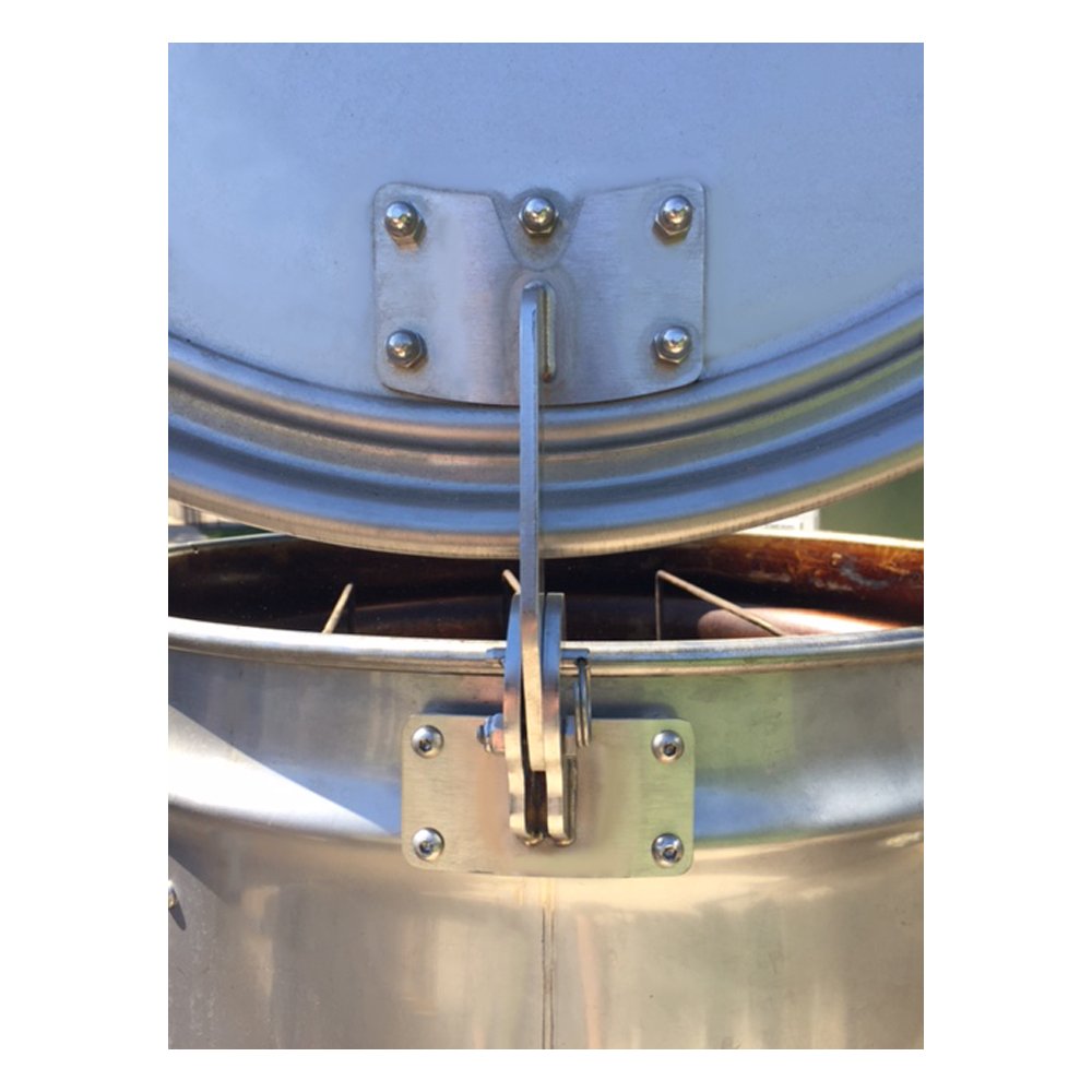 Close-up of Unknown BBQ Drum Smoker Lid Hinge on a 55-gallon drum smoker, showcasing its sturdy stainless steel construction and precise installation.  Image with the lid open.