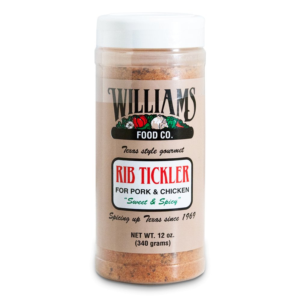 A 12-ounce plastic bottle of Williams Food Co. Rib Tickler seasoning. The label is beige with the brand's logo at the top, featuring vegetables. The text reads 'Texas style gourmet Rib Tickler for Pork & Chicken, Sweet & Spicy.' The label also states 'Spicing up Texas since 1969' and provides the weight in ounces and grams.