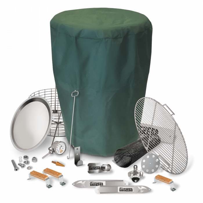 Collage image displaying a comprehensive view of the BPS DIY Drum Smoker Kit Pro Package with all parts assembled including drum smoker, thermometer, drum handles, ash catcher, charcoal nest, grill cooking grate, bottle opener, tool hook shield, and drum smoker cover.