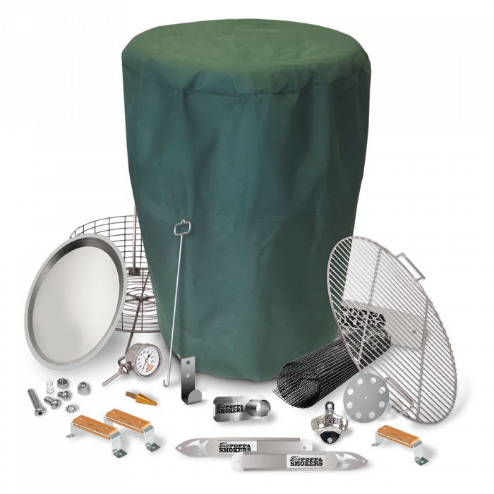 Collage image displaying a comprehensive view of the BPS DIY Drum Smoker Kit Pro Package with all parts assembled including drum smoker, thermometer, drum handles, ash catcher, charcoal nest, grill cooking grate, bottle opener, tool hook shield, and drum smoker cover.